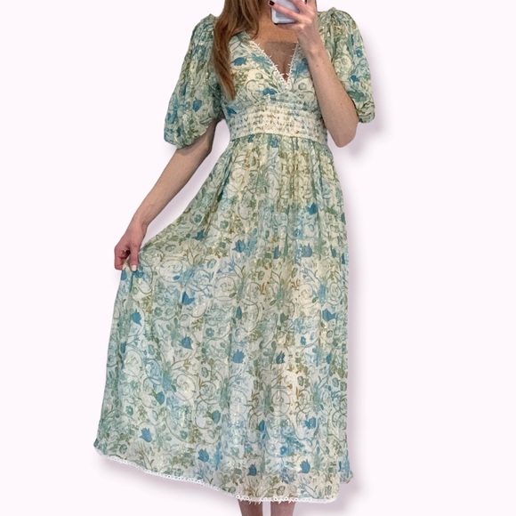 Rococo Sand Dresses & Skirts - ROCOCO SAND Elan Floral Puff Sleeve Midi Dress, Green
